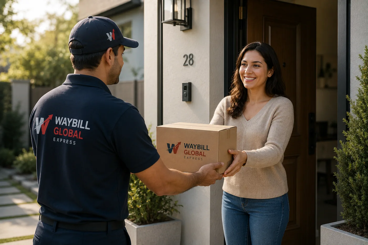 Courier handing a Waybill Global Logistics parcel to a customer