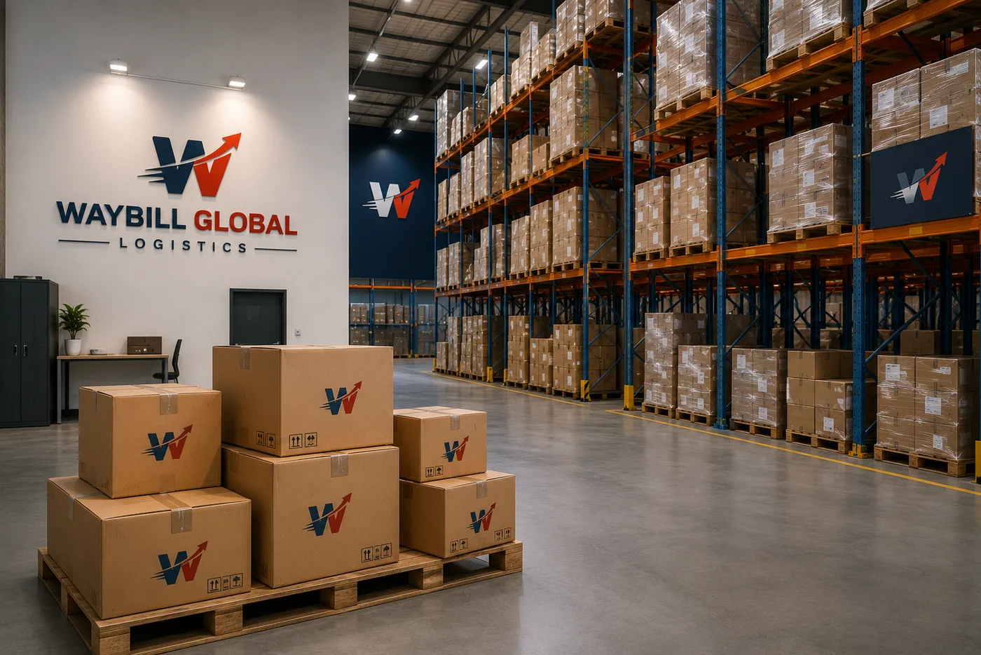Organised warehouse aisles with palletised cargo